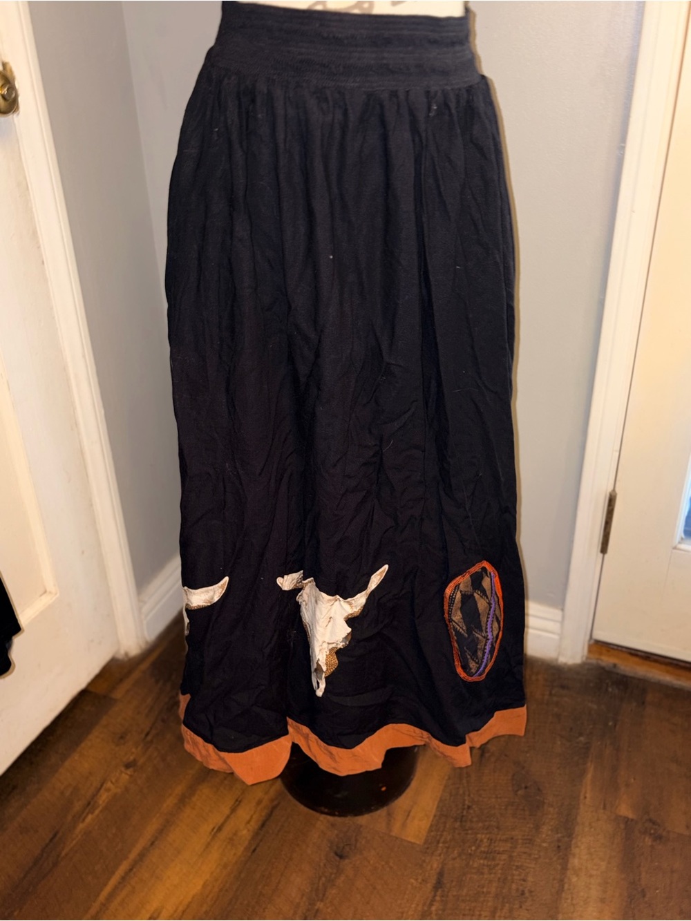 Boho Black Maxi Skirt with Western Embroidery